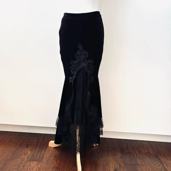 Dark In Love Black Velvet Gothic Mermaid Maxi Skirt with Lace Appliqué - Picture 3 of 9
